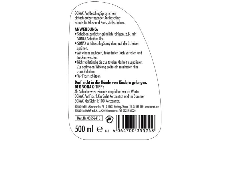 Sonax Antibeschlag-Schutz Spray 500 ml 2 Sonax Antibeschlag-Schutz Spray 500 ml – Bild 2